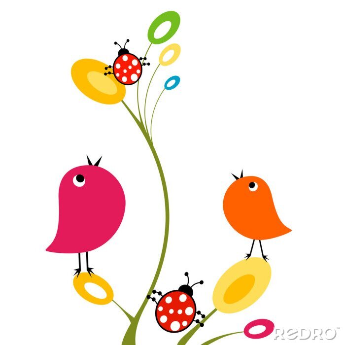 Behang Vogels en lieveheersbeestjes op een blad