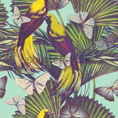 Behang Vogels en vlinders tussen de bladeren