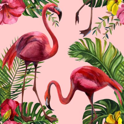 Behang Vogels flamingo's en exotische bloemen