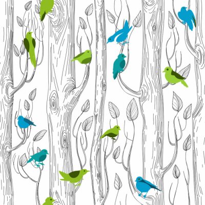 Behang Vogels op cartoonbomen