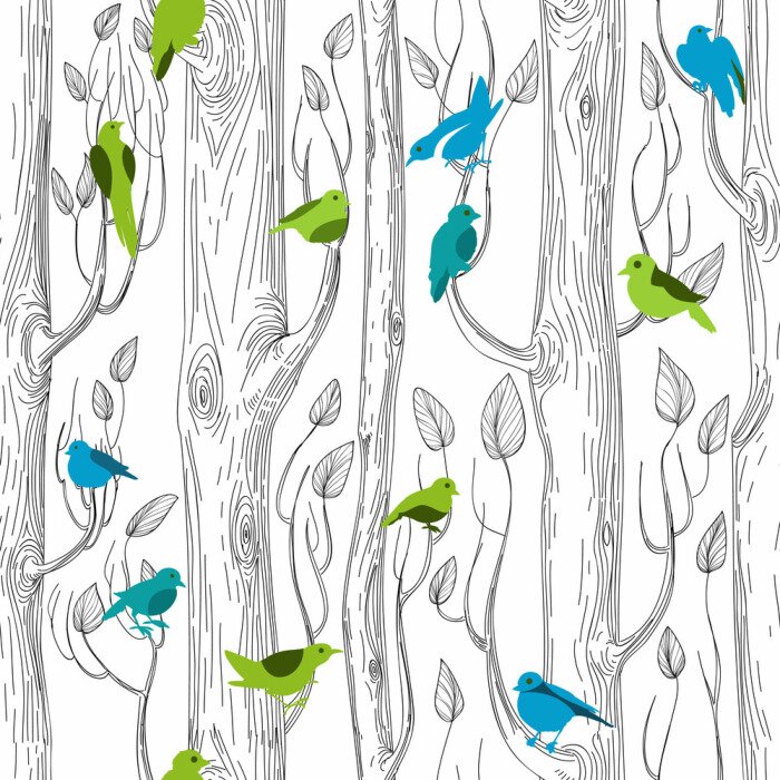 Behang Vogels op cartoonbomen