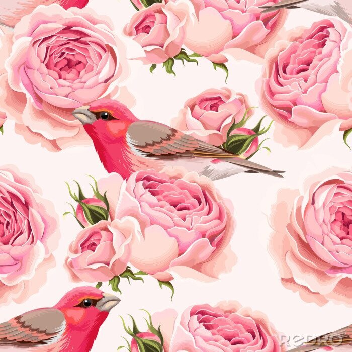 Behang Vogels te midden van romantische grafische rozenblaadjes