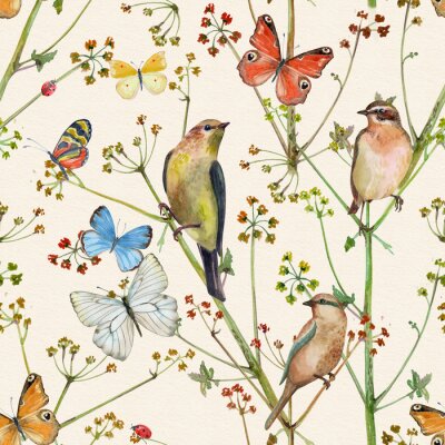 Behang Vogels vlinders en bloemen