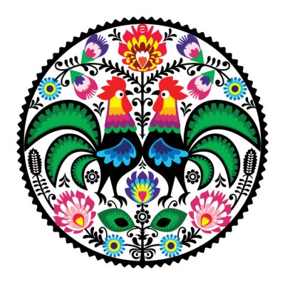 Poster Volksmotief met bloemen en hanen in de stijl van Łowicz