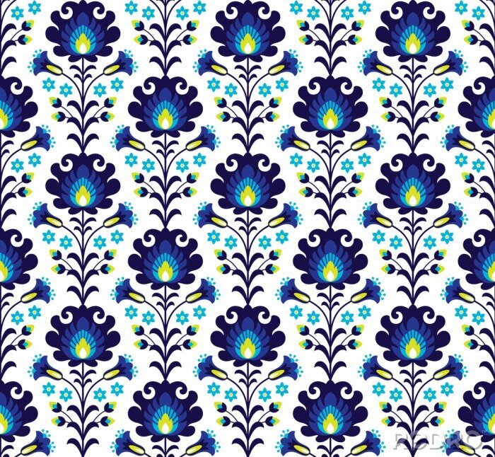 Behang Volkspatroon met blauwe bloemen