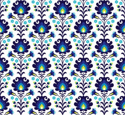 Behang Volkspatroon met blauwe bloemen
