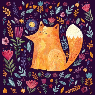 Behang Vos tussen bloemen op een donkere achtergrond