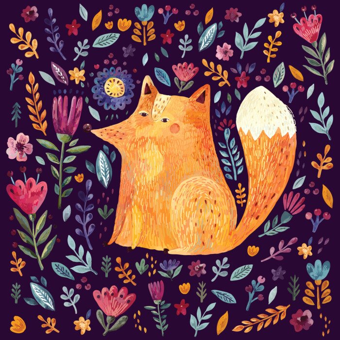 Behang Vos tussen bloemen op een donkere achtergrond