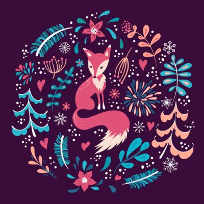 Behang Vos tussen planten op kastanjebruine achtergrond