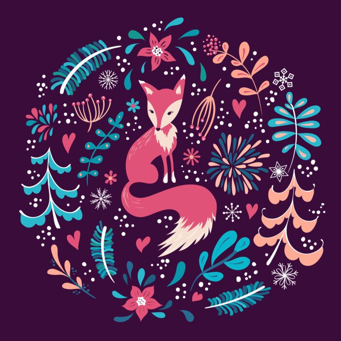 Behang Vos tussen planten op kastanjebruine achtergrond