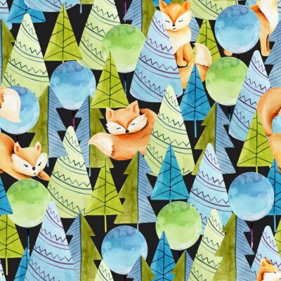 Behang Vossen bomen en manen in groene en blauwe tinten