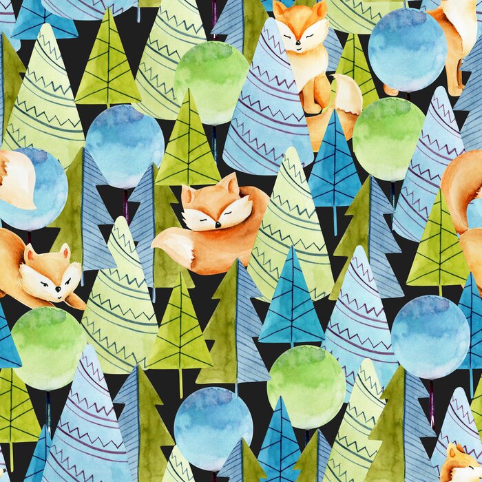 Behang Vossen bomen en manen in groene en blauwe tinten