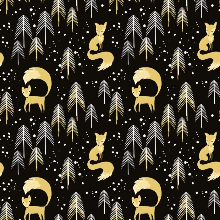 Behang Vossen en bomen in zwarte en gele tinten