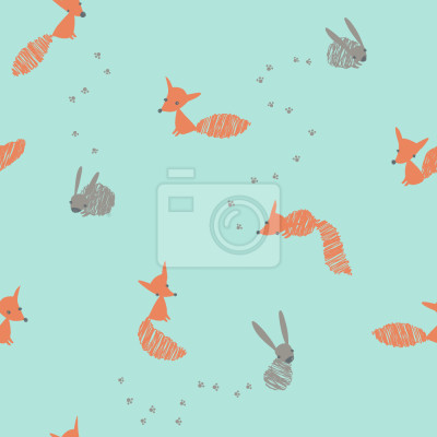 Behang Vossen en konijntjes op een blauwe achtergrond