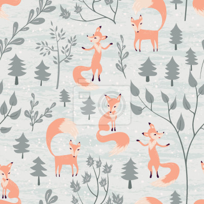 Behang Vossen in een bos tussen bomen