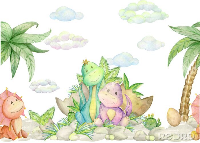 Behang Vrolijke dinosaurussen en exotische palmbomen