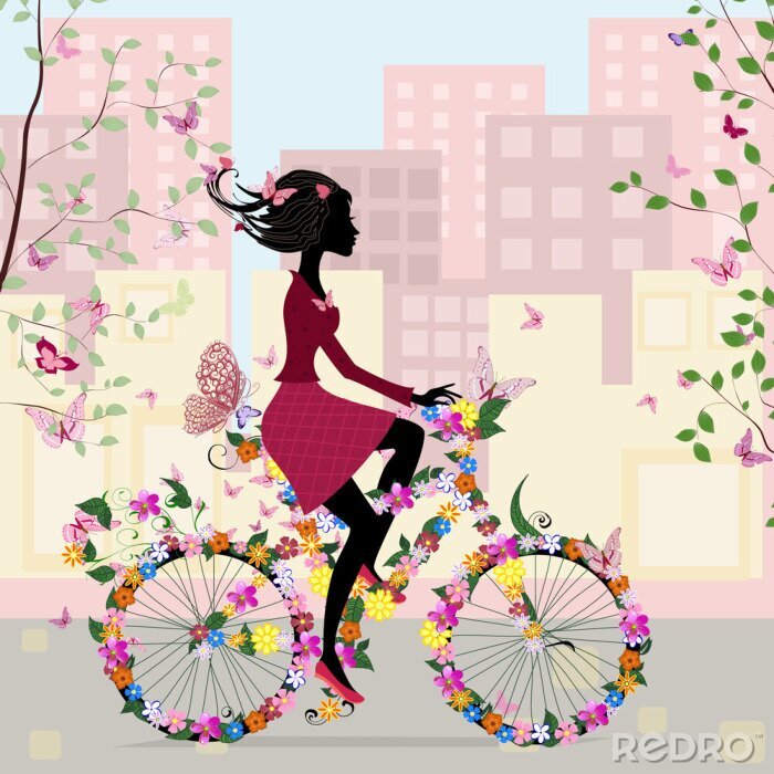 Behang Vrouw op een fiets van vlinders