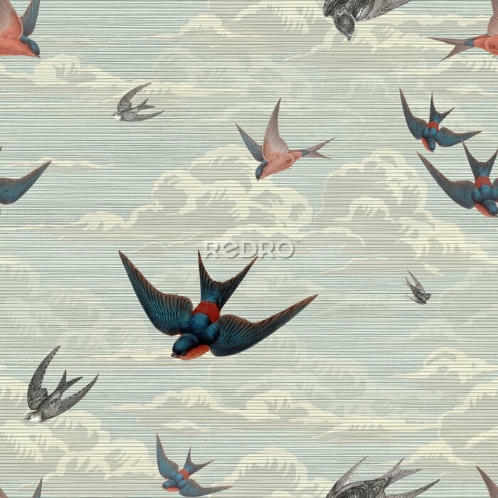 Behang Wallpaper pattern Vintage Sentuno birds fly in the clouds blue sky