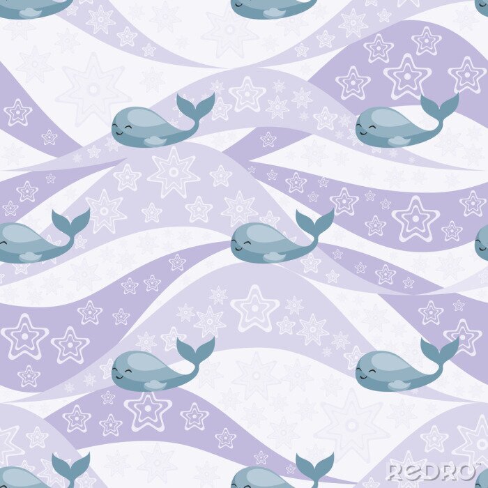Behang Walvis en sterren op paarse golven