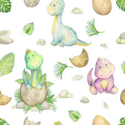Behang watercolo, seamless pattern. little dinosaur. isolated