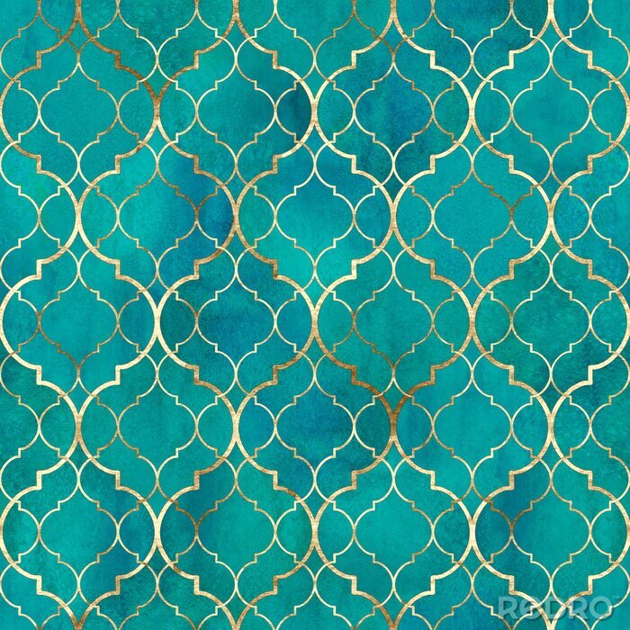 Behang Watercolor abstract geometric seamless pattern. Arab tiles. Kaleidoscope effect. Watercolour vintage mosaic texture