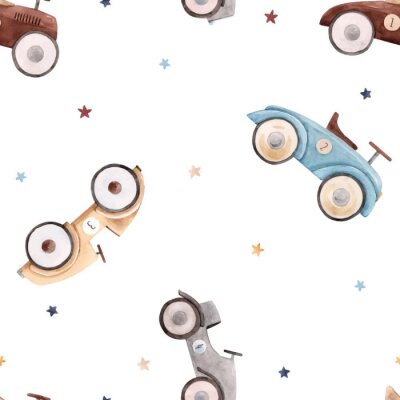 Behang Watercolor baby car vector pattern