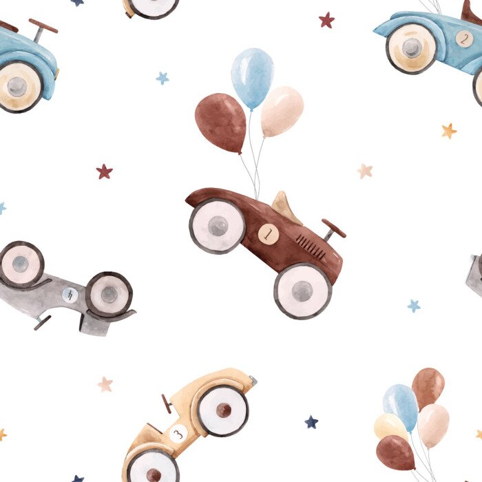 Behang Watercolor baby car vector pattern