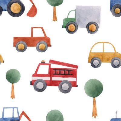Behang Watercolor baby car vehicle vector pattern