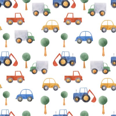 Behang Watercolor baby car vehicle vector pattern