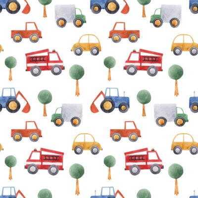 Behang Watercolor baby car vehicle vector pattern