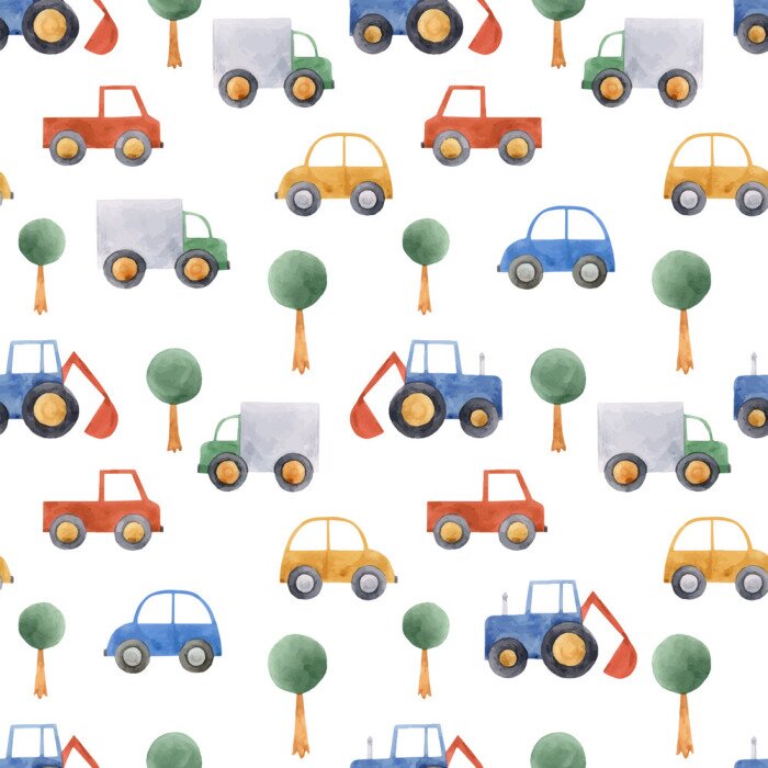 Behang Watercolor baby car vehicle vector pattern