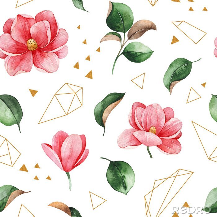 Behang Watercolor beautiful seamless  background. Magnolia flowers and leaves. Hand painted illustration. Perfect for print, packaging, wallpapers, textile and much more