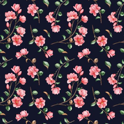Behang Watercolor beautiful seamless  background. Magnolia flowers and leaves on dark texture. Hand painted illustration. Perfect for print, packaging, wallpapers, textile and much more