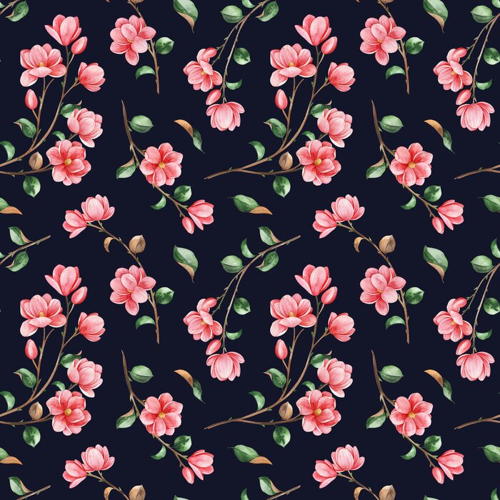 Behang Watercolor beautiful seamless  background. Magnolia flowers and leaves on dark texture. Hand painted illustration. Perfect for print, packaging, wallpapers, textile and much more