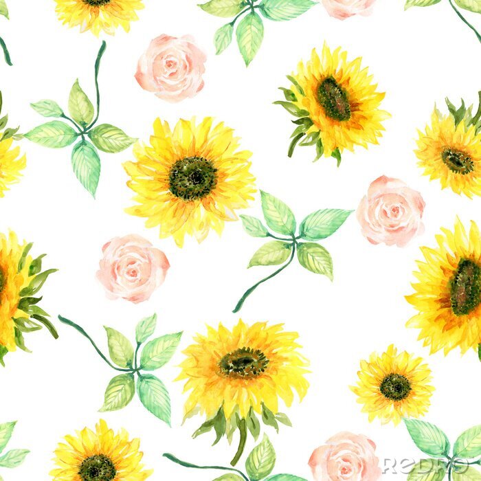 Behang Watercolor botanical sunflower wild garden  foliage leaves Floral background for textiles Liberty sweet style fabric, covers, manufacturing, wallpapers, print, gift wrap