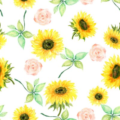 Behang Watercolor botanical sunflower wild garden  foliage leaves Floral background for textiles Liberty sweet style fabric, covers, manufacturing, wallpapers, print, gift wrap