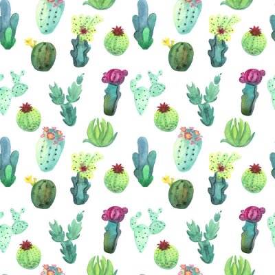 Behang Watercolor cactus naadloos patroon. Kleurrijke trillende cactus vetplanten