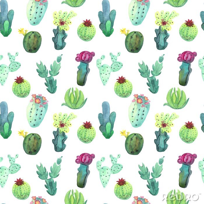 Behang Watercolor cactus naadloos patroon. Kleurrijke trillende cactus vetplanten
