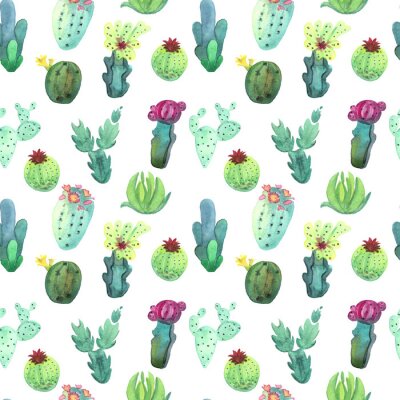 Behang Watercolor cactus naadloos patroon. Kleurrijke trillende cactus vetplanten