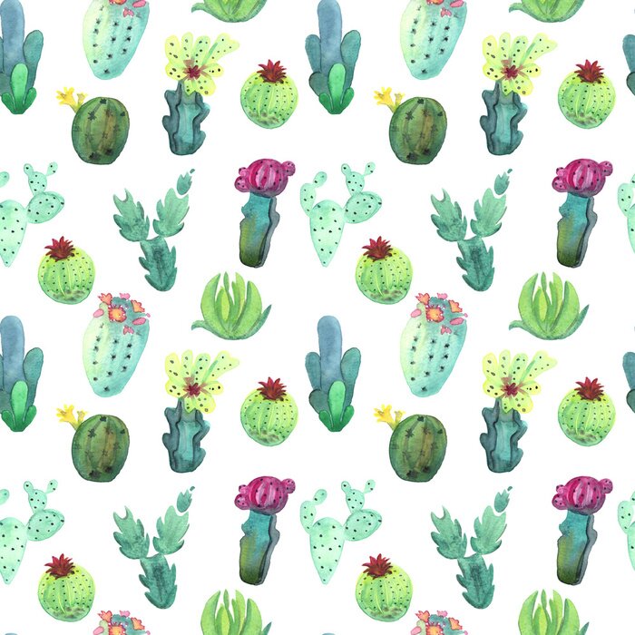 Behang Watercolor cactus naadloos patroon. Kleurrijke trillende cactus vetplanten