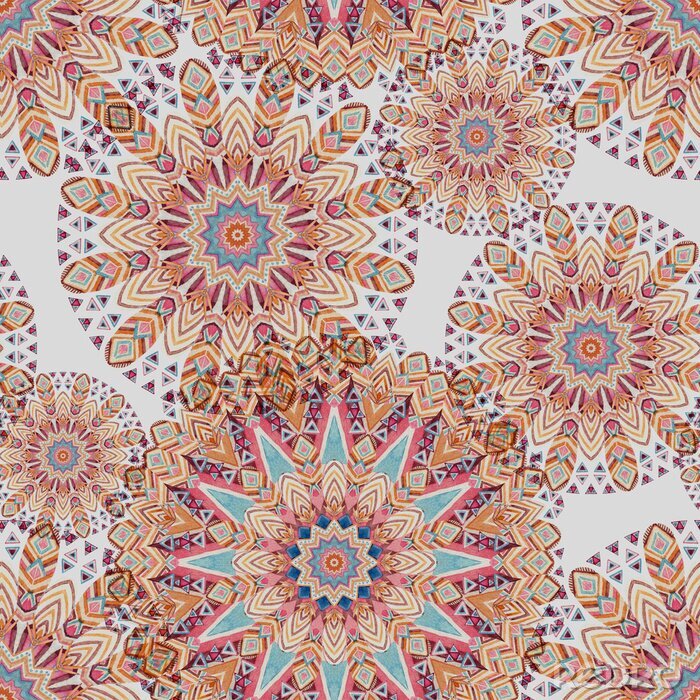 Behang Watercolor etnische sierlijke veren abstract mandala naadloos patroon.
