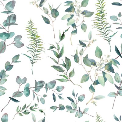 Behang Watercolor eucalyptus branches seamless pattern. Hand painted floral texture with plant objects on white background. Natural wallpaper design