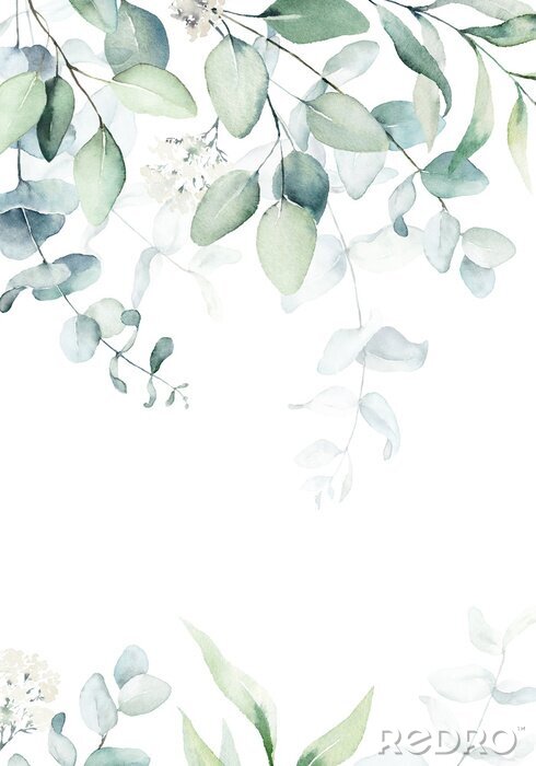Behang Watercolor floral illustration with green branches & leaves - frame / border, for wedding stationary, greetings, wallpapers, fashion, background. Eucalyptus, olive, green leaves, etc.