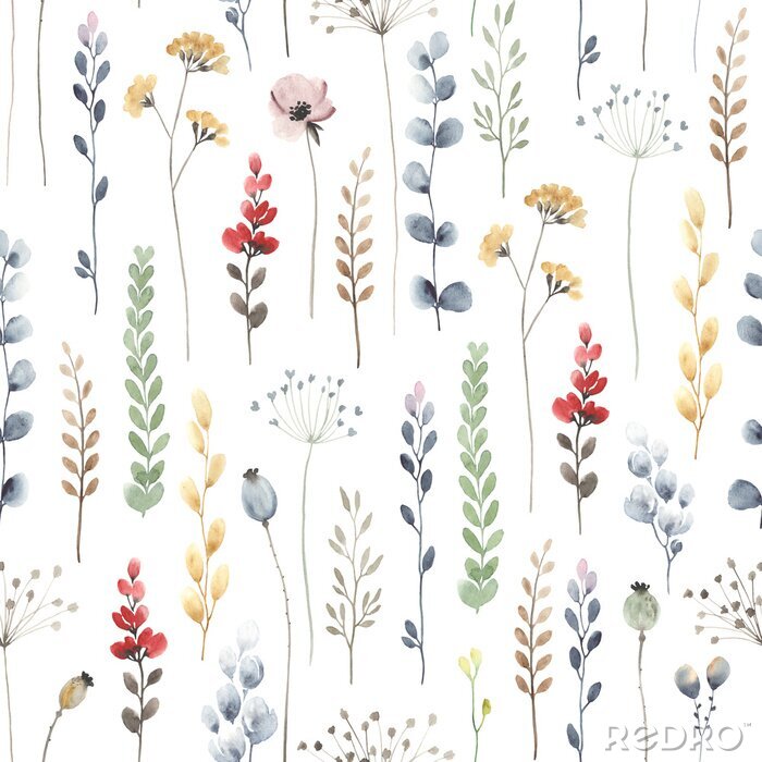 Behang Watercolor floral seamless pattern with colorful wildflowers, leaves and plants. Illustration on white background in vintage style.