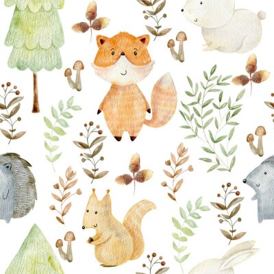 Behang Watercolor forest pattern.