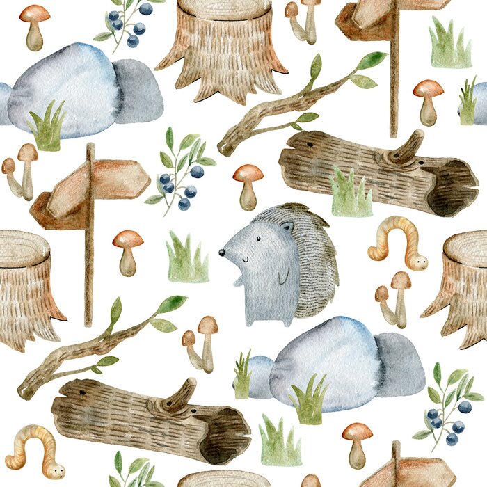 Behang Watercolor forest pattern.