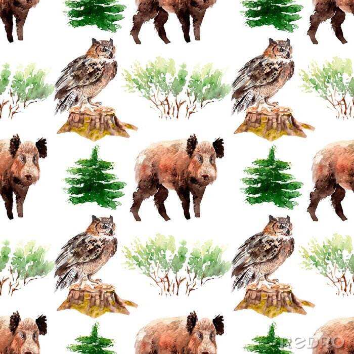 Behang watercolor forest seamless pattern with animals and plants