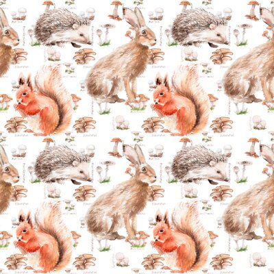 Behang Watercolor forest seamless pattern with animals and plants