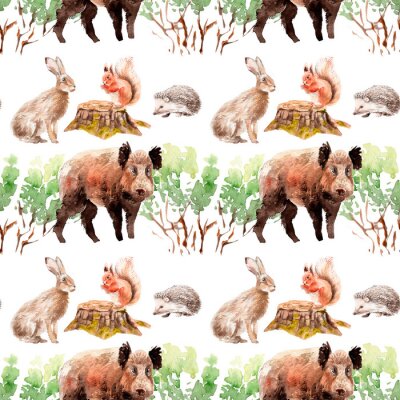 Behang watercolor forest seamless pattern with animals and plants