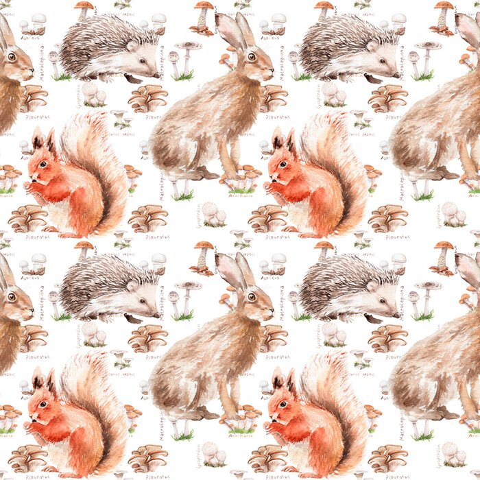 Behang Watercolor forest seamless pattern with animals and plants
